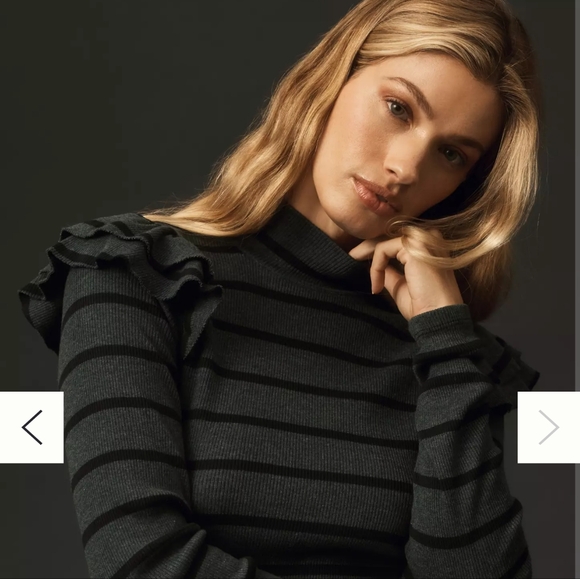 t.la Anthropologie Ruffled Turtleneck Top Dark Gray Stripe - L pristine conditn! - Picture 4 of 9